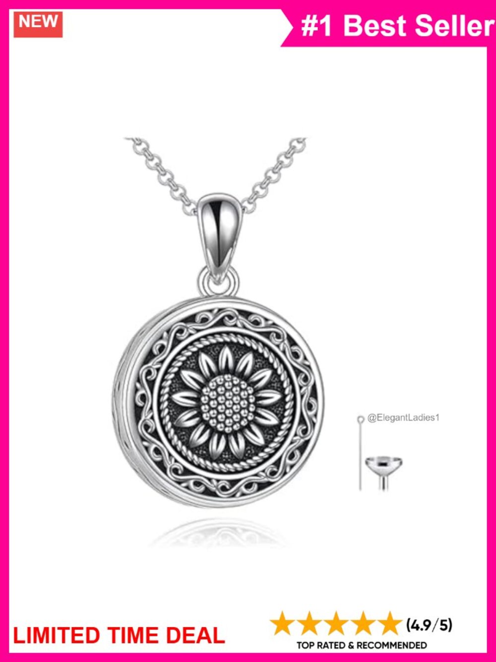 925 Sterling Silver Sunflower Urn Necklace Cremation Keepsake Memorial Jewelry